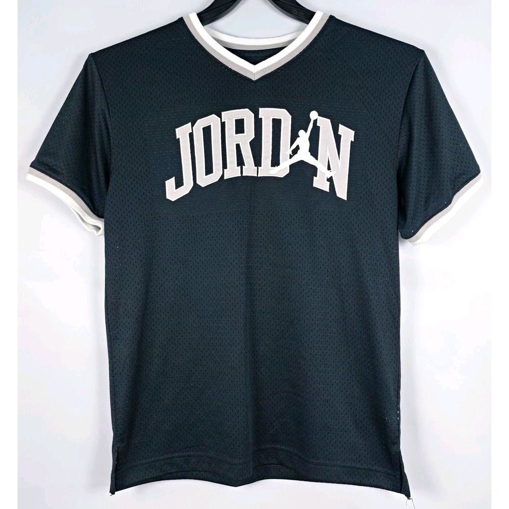 Jordan Boys Black Mesh V-Neck Jersey T-Shirt Short Sleeve Sz L 12-13 Jumpman